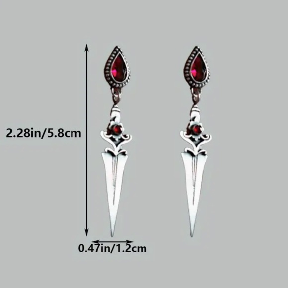 Gothic Punk Vintage Earrings, Dagger Tassel  W/ Red zirconia, Retro Style - Picture 7 of 8